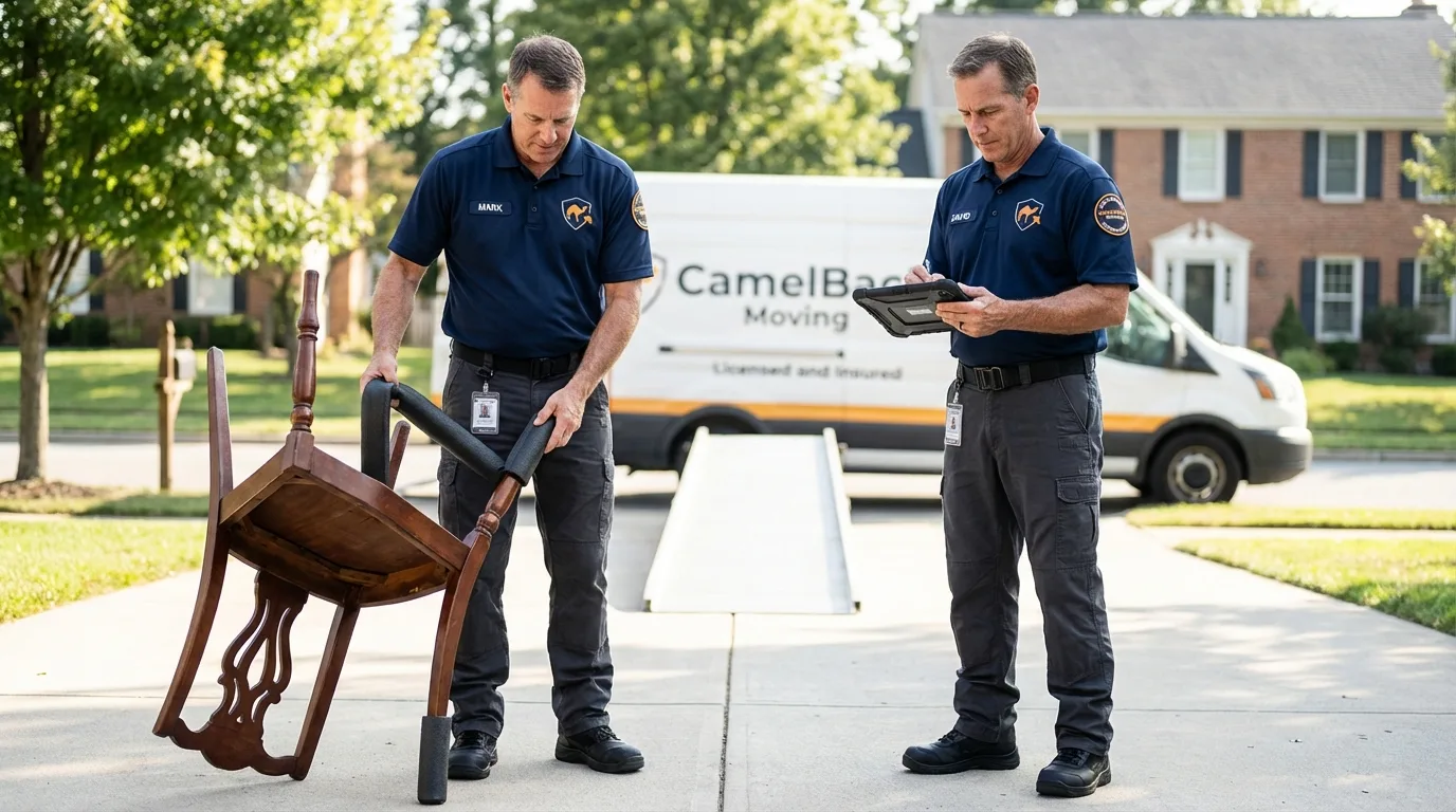 Movers inspecting furniture for damage prevention before loading in Ackerman, MS