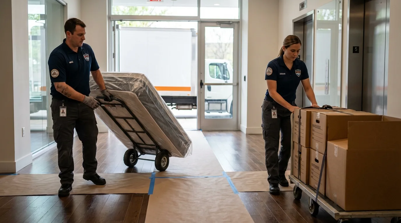 Professional apartment movers loading elevator in Ackerman, MS